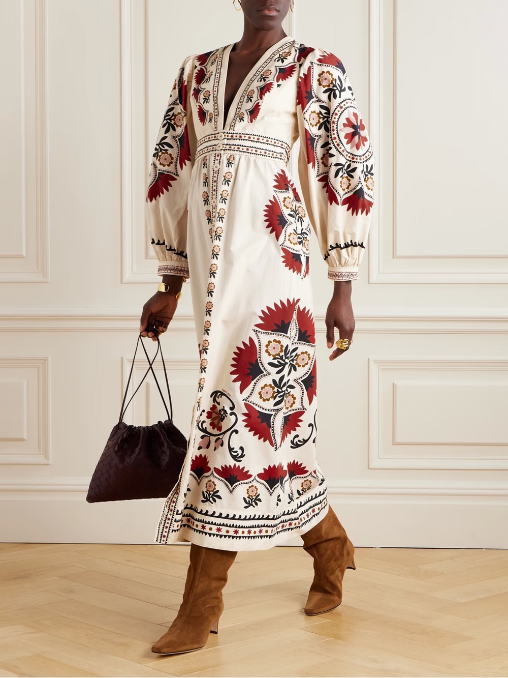 FARM Rio Ivory Maxi Dress with Red and Black Embroidered Motifs